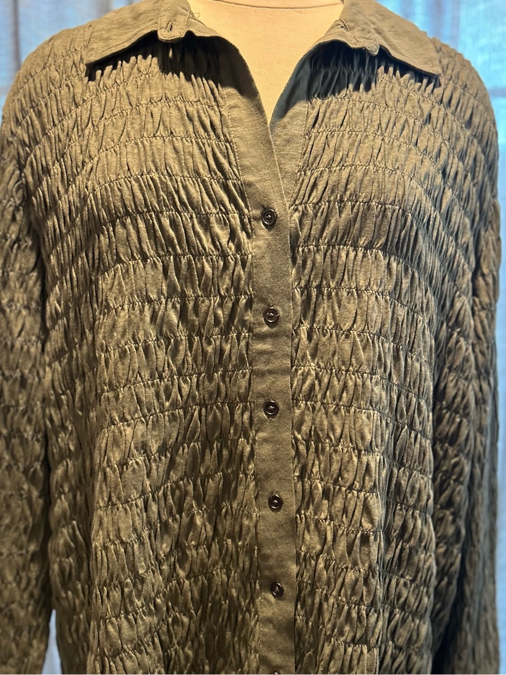 Wonderly Olive Green Crinkle Button-Front Blouse